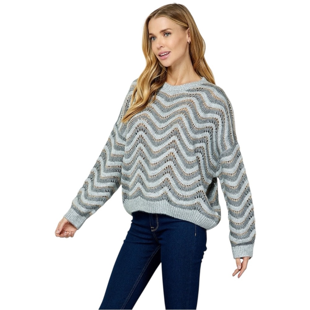 Gray Chevron Open Knit Sweater Pullover Oversized Cozy Stripe size S, M, L - Picture 4 of 7